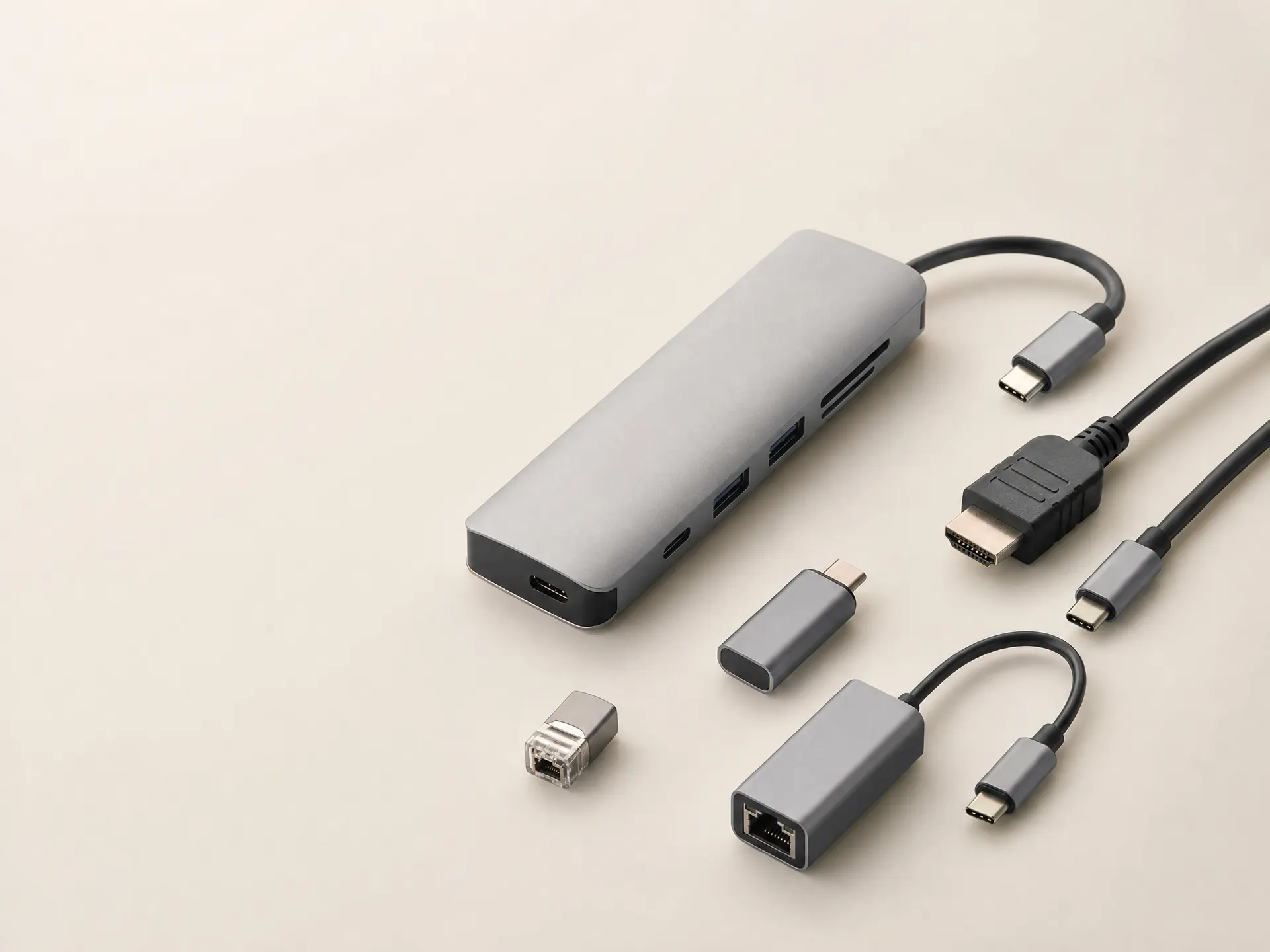 Computer connectivity accessories on an ivory background