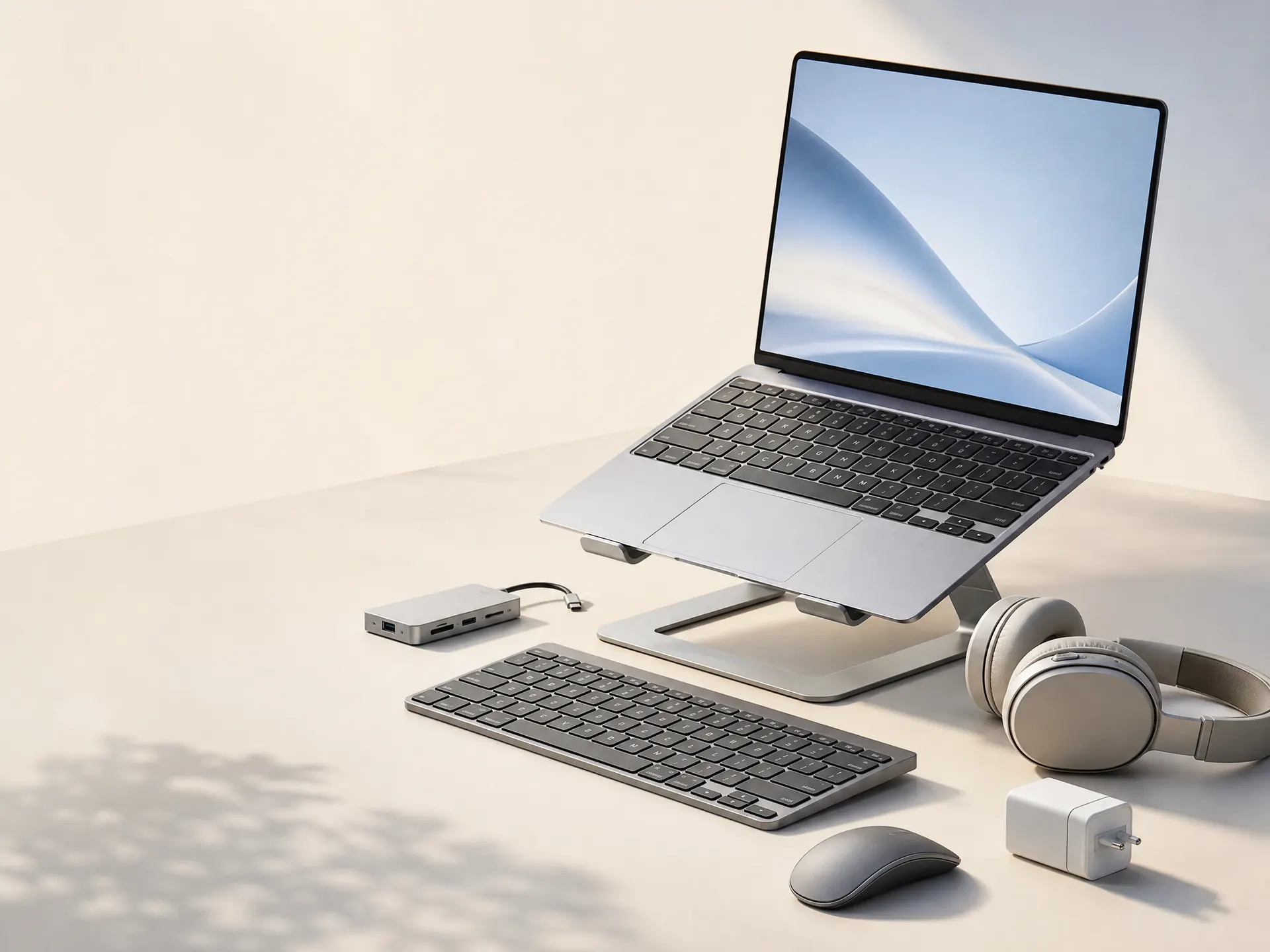Laptop accessories on an ivory background