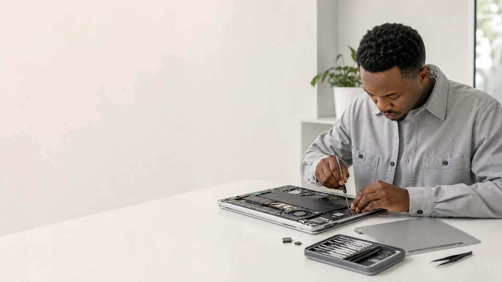 Technician performing professional laptop repair