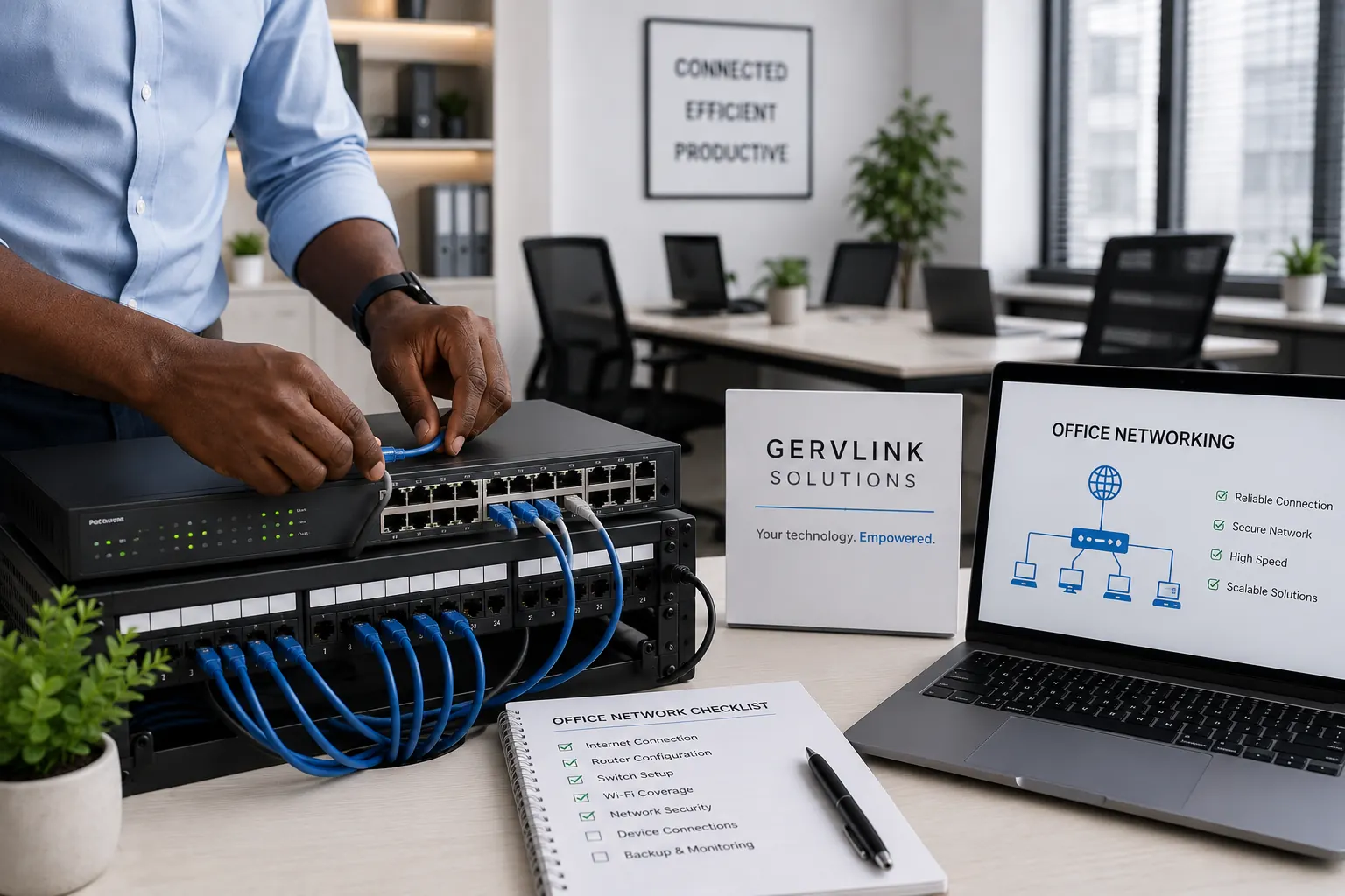 Technician configuring an office network switch