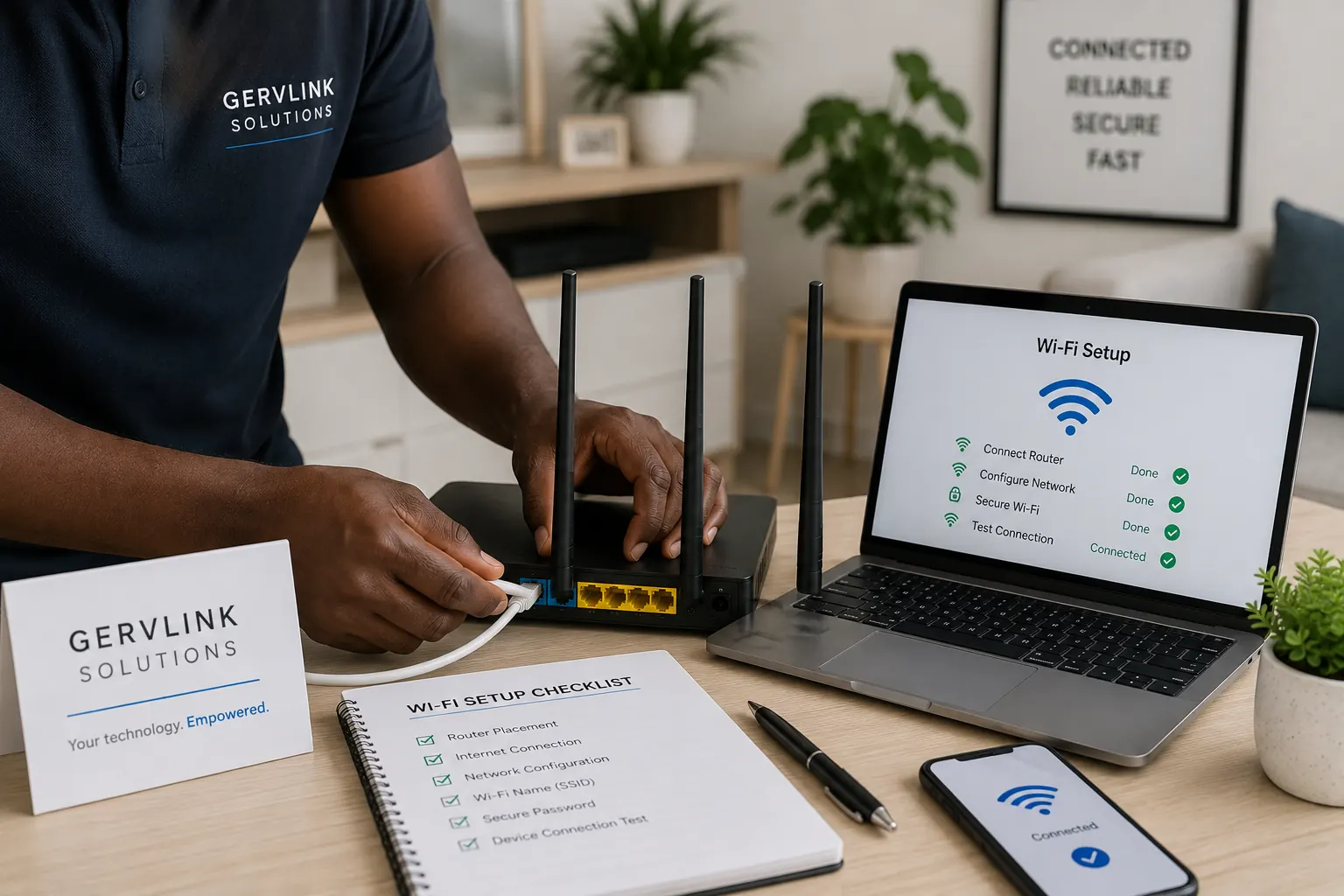 Technician configuring a Wi-Fi router and laptop
